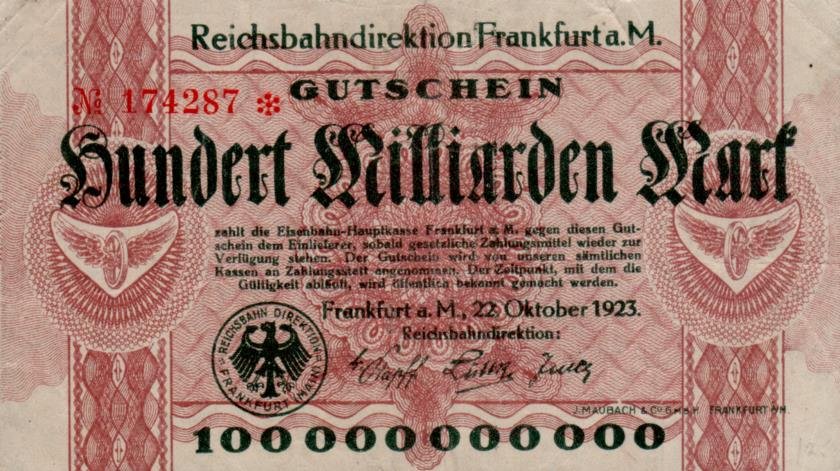 Аверс банкноты 100000000000 марок Reichsbahndirektion (Германия) 1923 года