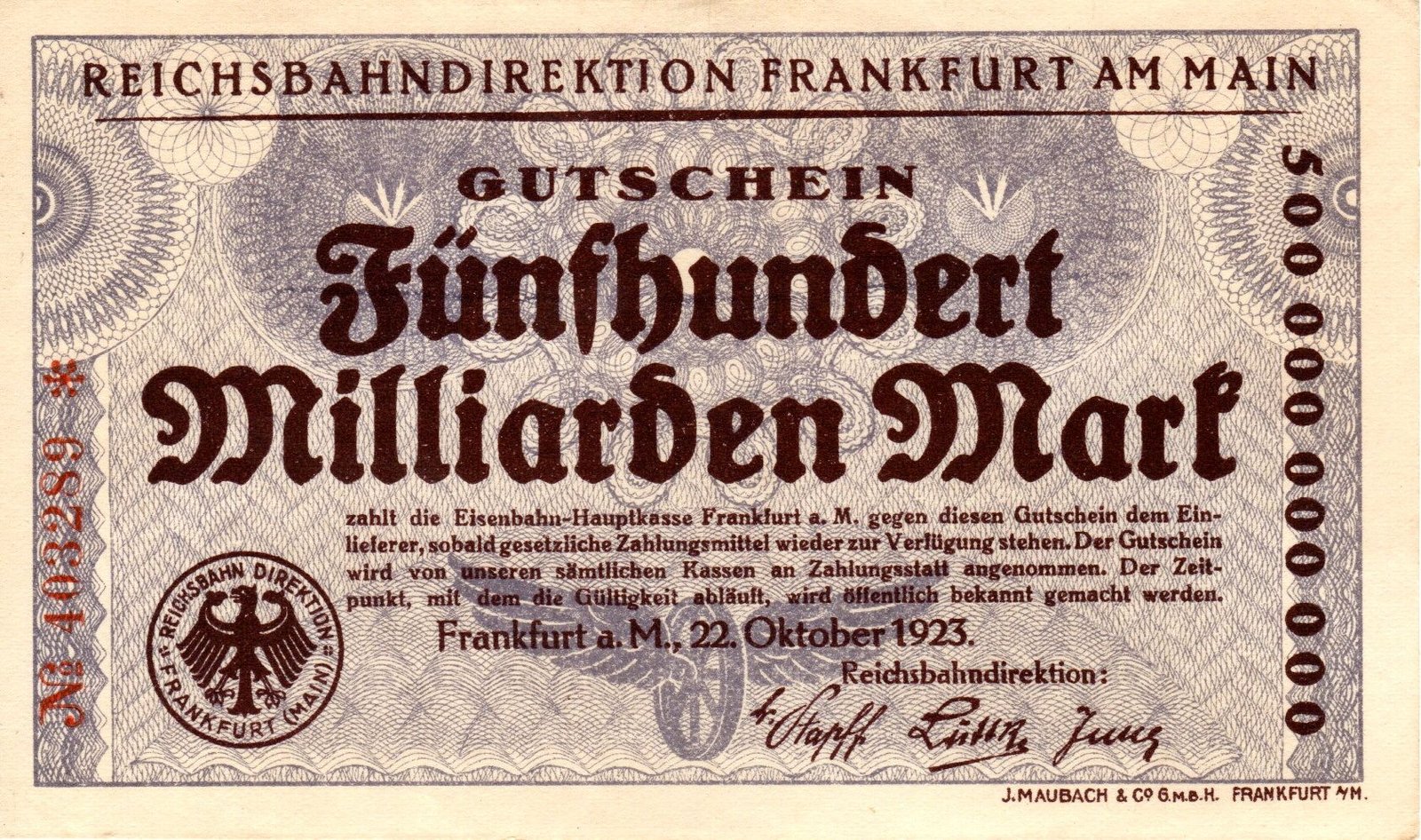 Аверс банкноты 500000000000 марок Reichsbahndirektion (Германия) 1923 года