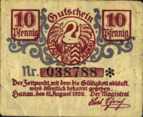 Аверс банкноты 10 fenigów (Niemcy) 1920