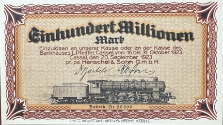 Аверс банкноты 100 000 000 marek Henschel & Sohn (Niemcy) 1923