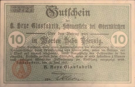 Аверс банкноты 10 fenigów H. Heye Glasfabrik Schauenstein (Niemcy) 1917