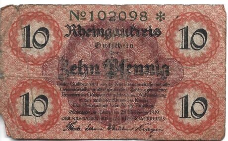 Аверс банкноты 10 fenigów (Niemcy) 1919