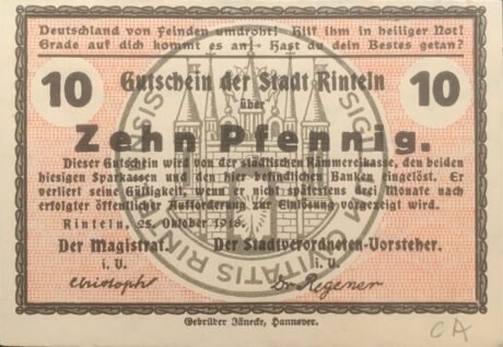 Аверс банкноты 10 fenigów (Niemcy) 1918