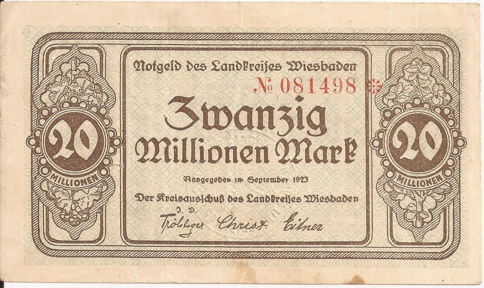 Аверс банкноты 20000000 марок (Германия) 1923 года