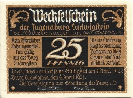 Аверс банкноты 25 fenigów Jugendburg Ludwigstein (Niemcy) 1921