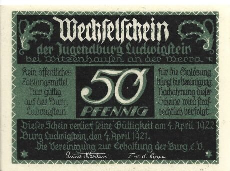 Аверс банкноты 50 fenigów Jugendburg Ludwigstein (Niemcy) 1921