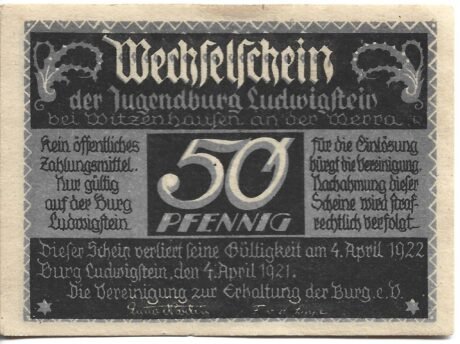 Аверс банкноты 50 fenigów Jugendburg Ludwigstein (Niemcy) 1921