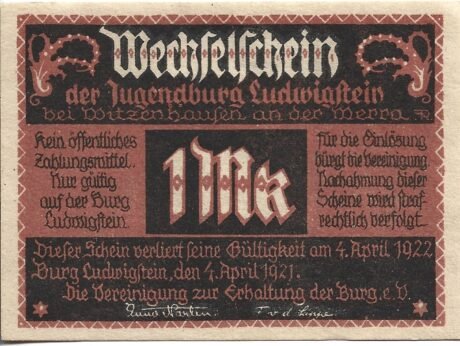 Аверс банкноты 1 znaczek Jugendburg Ludwigstein (Niemcy) 1921