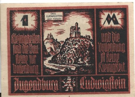 Реверс банкноты 1 znaczek Jugendburg Ludwigstein (Niemcy) 1921