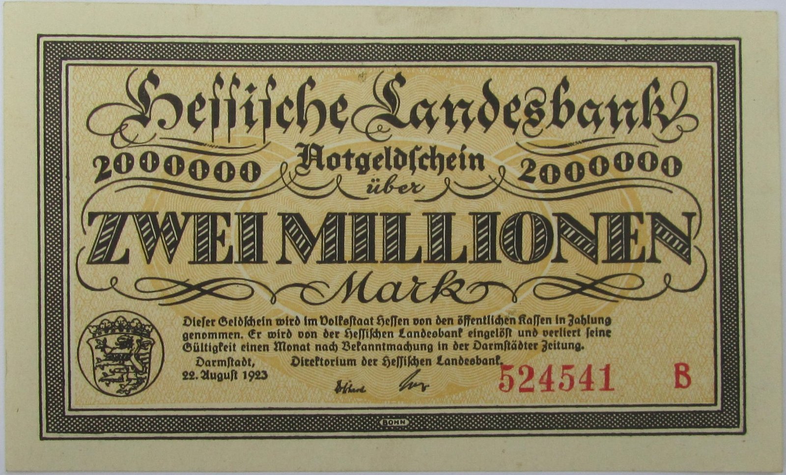 Аверс банкноты 2000000 марок Hessische Landesbank (Германия) 1923 года