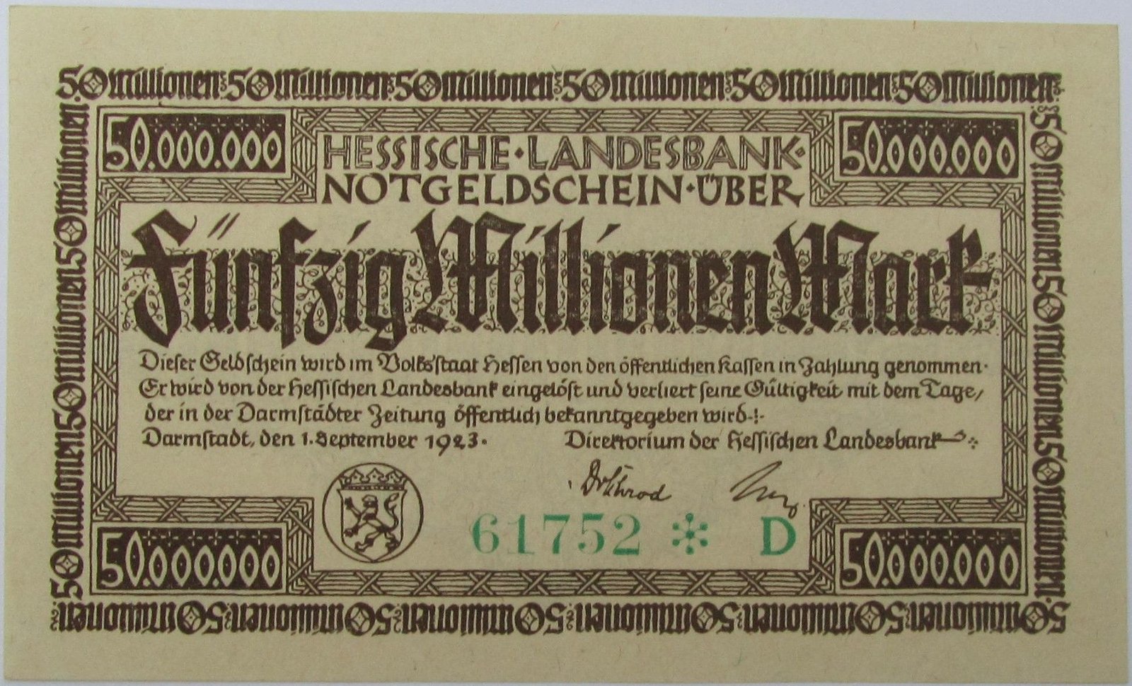 Аверс банкноты 50000000 марок Hessische Landesbank (Германия) 1923 года