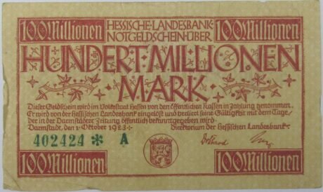 Аверс банкноты 100000000 марок Hessische Landesbank (Германия) 1923 года