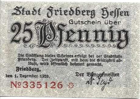 Аверс банкноты 25 fenigów (Niemcy) 1920