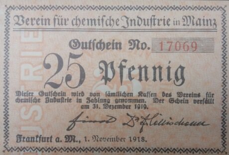 Аверс банкноты 25 fenigów Verein für chemische Industrie w Moguncji (Niemcy) 1918