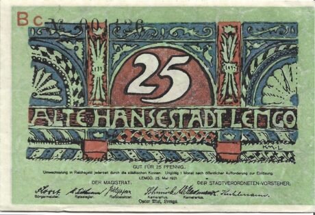 Аверс банкноты 25 fenigów (Niemcy) 1921