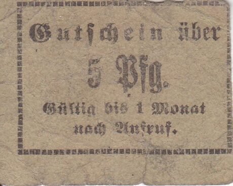 Реверс банкноты 5 fenigów Habelschwerdt; Verein selbstständiger Kaufleute (Niemcy) 1920