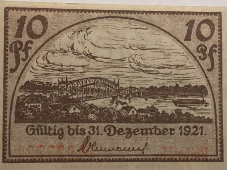 Реверс банкноты 10 fenigów Beuthen an der Oder (Niemcy) 1920