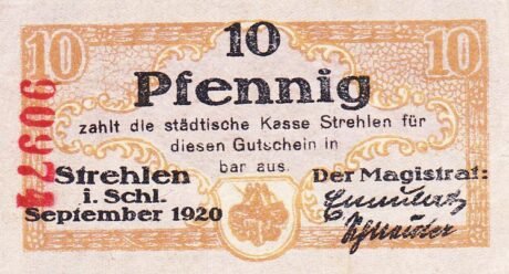 Аверс банкноты 10 fenigów Strehlen (Niemcy) 1920