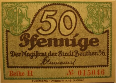 Аверс банкноты 50 fenigów Beuthen an der Oder (Niemcy)