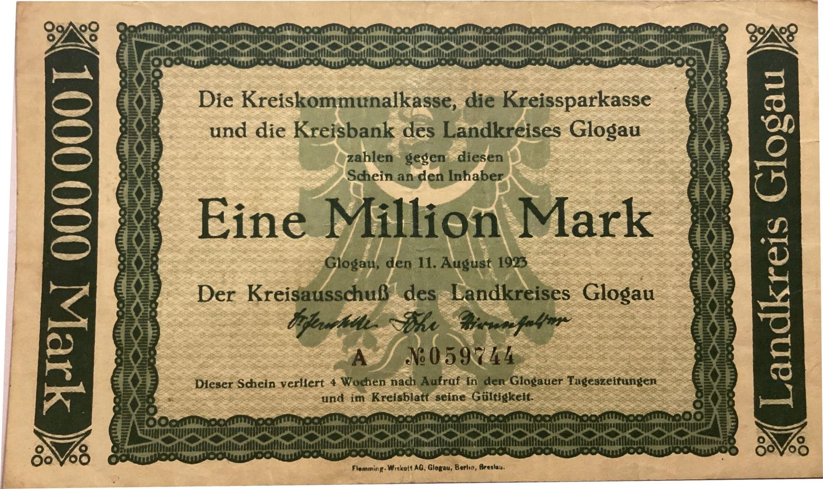 Аверс банкноты 1000000 марок Landkreis Glogau (Германия) 1923 года