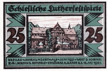 Аверс банкноты 25 fenigów Schlesische Lutherfestspiele (Niemcy) 1921