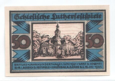 Аверс банкноты 50 fenigów Schlesische Lutherfestspiele (Niemcy) 1921