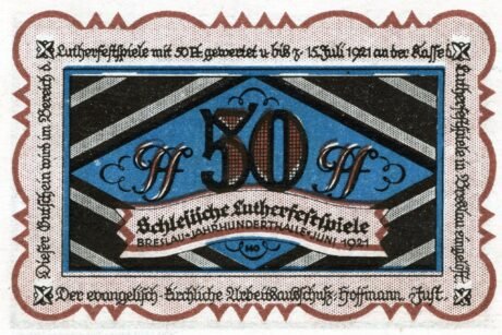 Аверс банкноты 50 fenigów Schlesische Lutherfestspiele (Niemcy) 1921