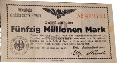 Аверс банкноты 50000000 марок Reichsbahndirektion (Германия) 1923 года