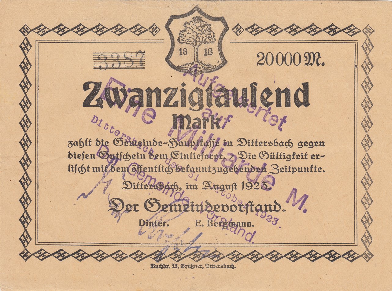 Аверс банкноты 1000000000 марок, надпечатка на 20000 марок (Германия) 1923 года