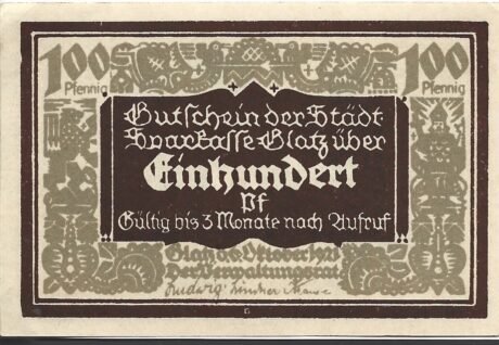 Аверс банкноты 100 fenigów Städtische Sparkasse (Niemcy) 1921