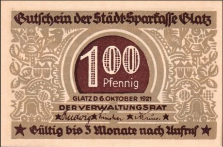 Аверс банкноты 100 fenigów Städtische Sparkasse (Niemcy) 1921