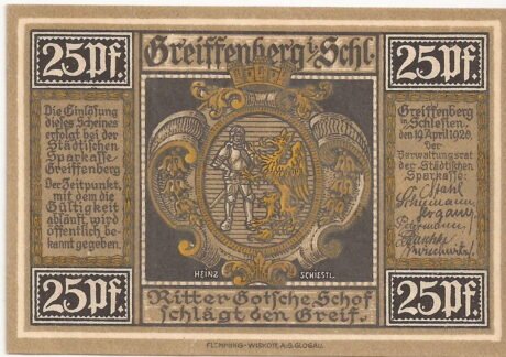 Аверс банкноты 25 fenigów Sparkasse (Niemcy) 1920