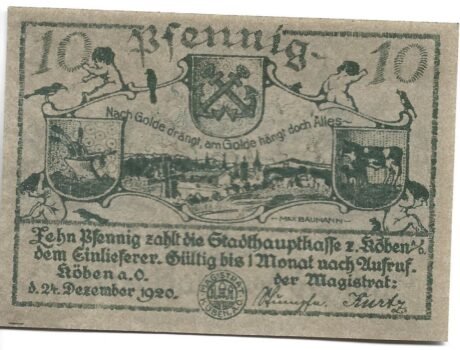 Аверс банкноты 10 fenigów (Niemcy) 1920