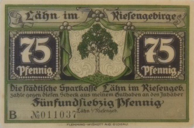 Аверс банкноты 75 пфеннигов Sparkasse (Германия) 1922 года