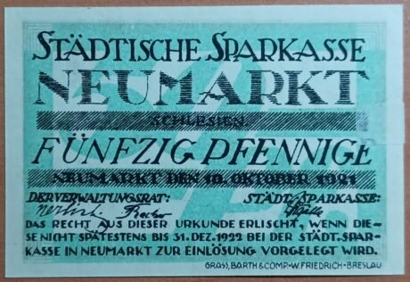 Аверс банкноты 50 fenigów Sparkasse (Niemcy) 1921