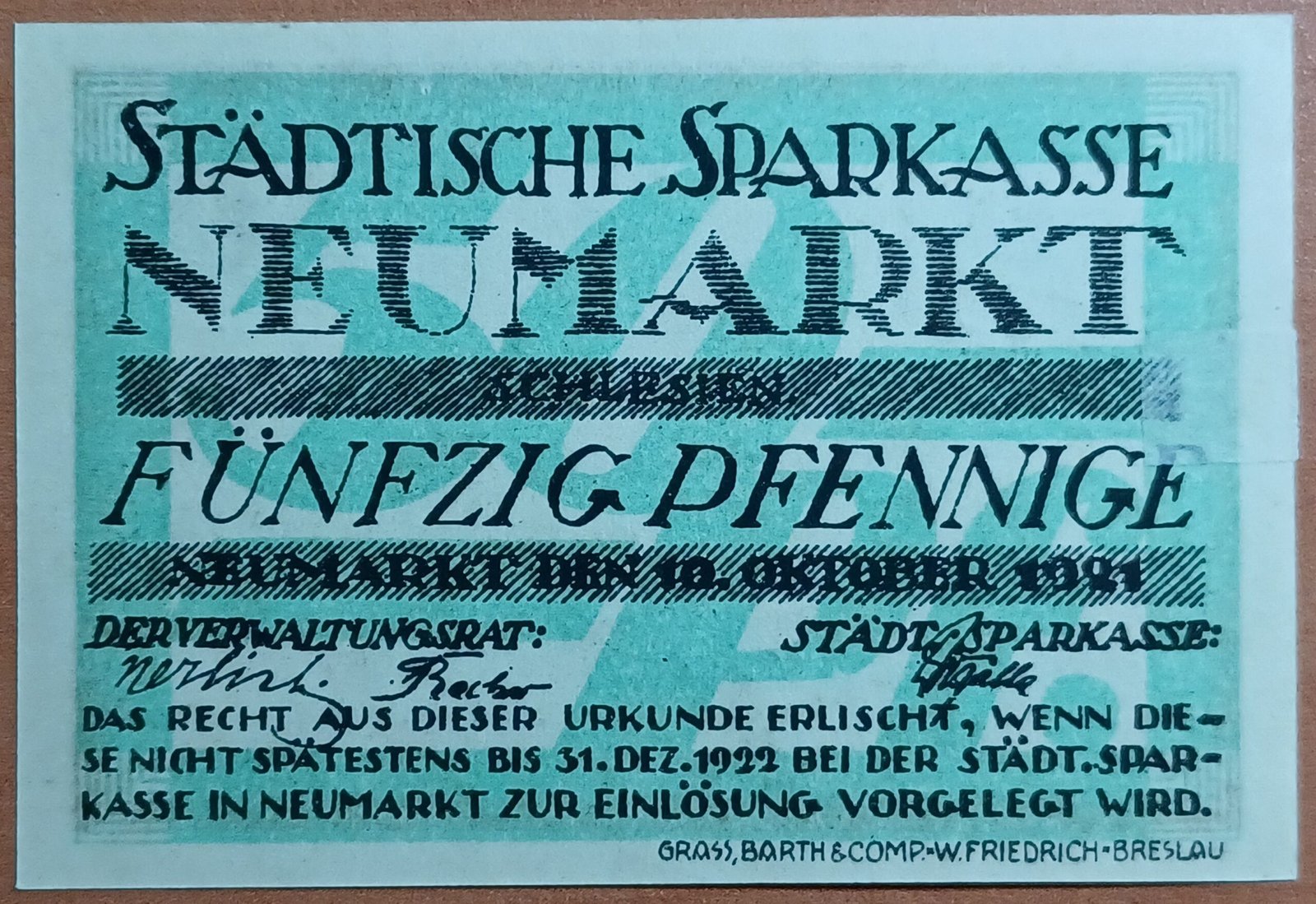 Аверс банкноты 50 пфеннигов Sparkasse (Германия) 1921 года