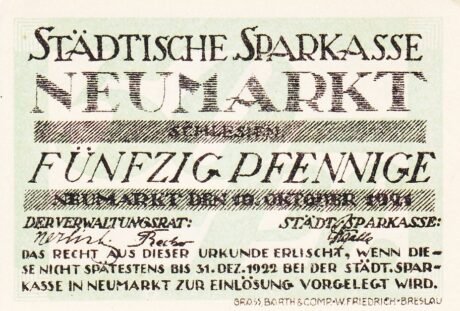 Аверс банкноты 50 пфеннигов Sparkasse (Германия) 1921 года