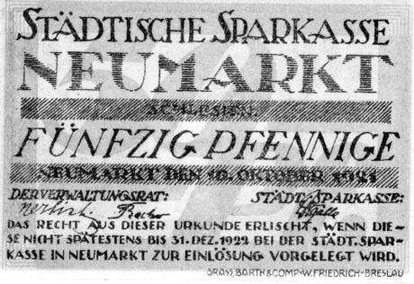 Аверс банкноты 50 fenigów Sparkasse (Niemcy) 1921
