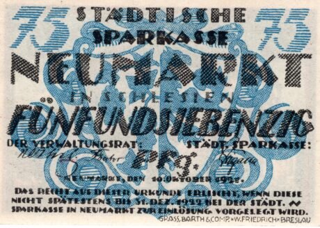 Аверс банкноты 75 пфеннигов Sparkasse (Германия) 1921 года