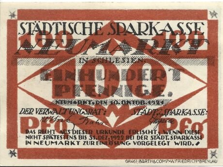 Аверс банкноты 100 fenigów Sparkasse (Niemcy) 1921