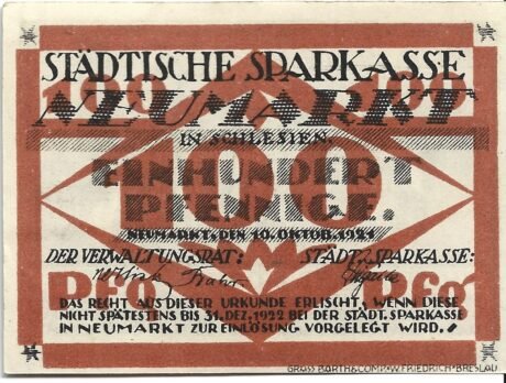 Аверс банкноты 100 fenigów Sparkasse (Niemcy) 1921