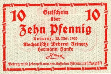 Аверс банкноты 10 fenigów Mechanische Weberei Reinerz Hermann Hanke (Niemcy) 1920