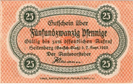 Аверс банкноты 25 fenigów (Niemcy) 1920