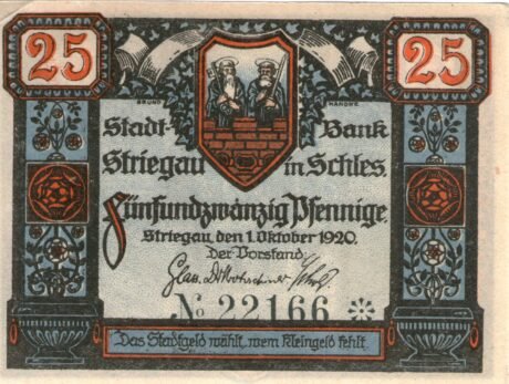 Аверс банкноты 25 fenigów Stadtbank (Niemcy) 1920