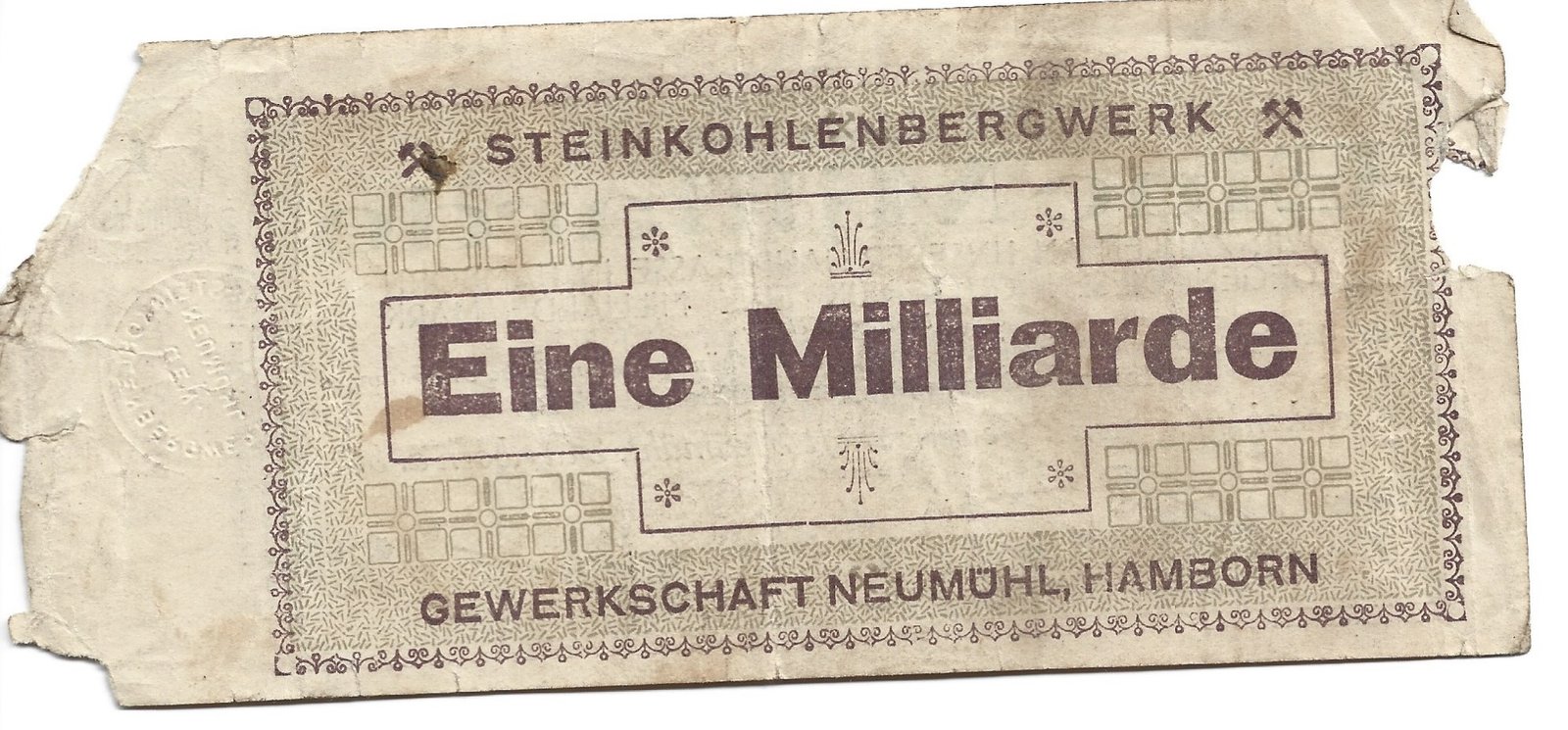 Реверс банкноты 1000000000 марок Steinkohlenbergwerk Gewerkschaft Neumühl (Германия) 1923 года