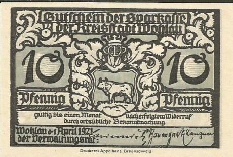 Аверс банкноты 10 fenigów (Niemcy) 1921