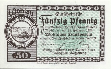 Аверс банкноты 50 fenigów Wohlauer Bankverein (Niemcy) 1920