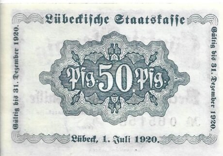 Реверс банкноты 50 fenigów Lübeckische Staatskasse (Niemcy) 1920