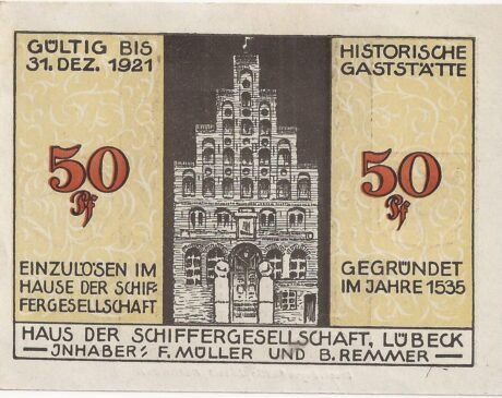 Аверс банкноты 50 пфеннигов Haus der Schiffergesellschaft (Германия)