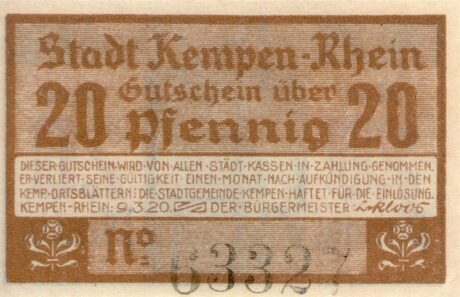 Аверс банкноты 20 fenigów (Niemcy) 1920